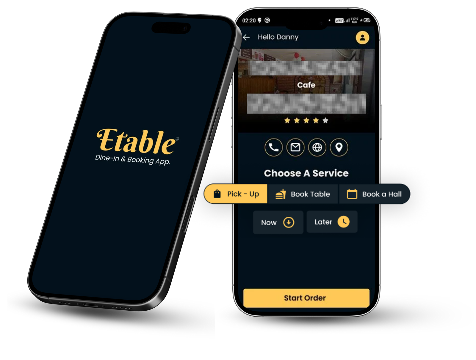 Etable app interface for booking tables, pickup, and hall reservations