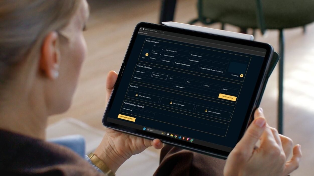 A registers Your restaurant on Etable using a tablet, filling out basic details for POS, digital menus, and QR ordering.