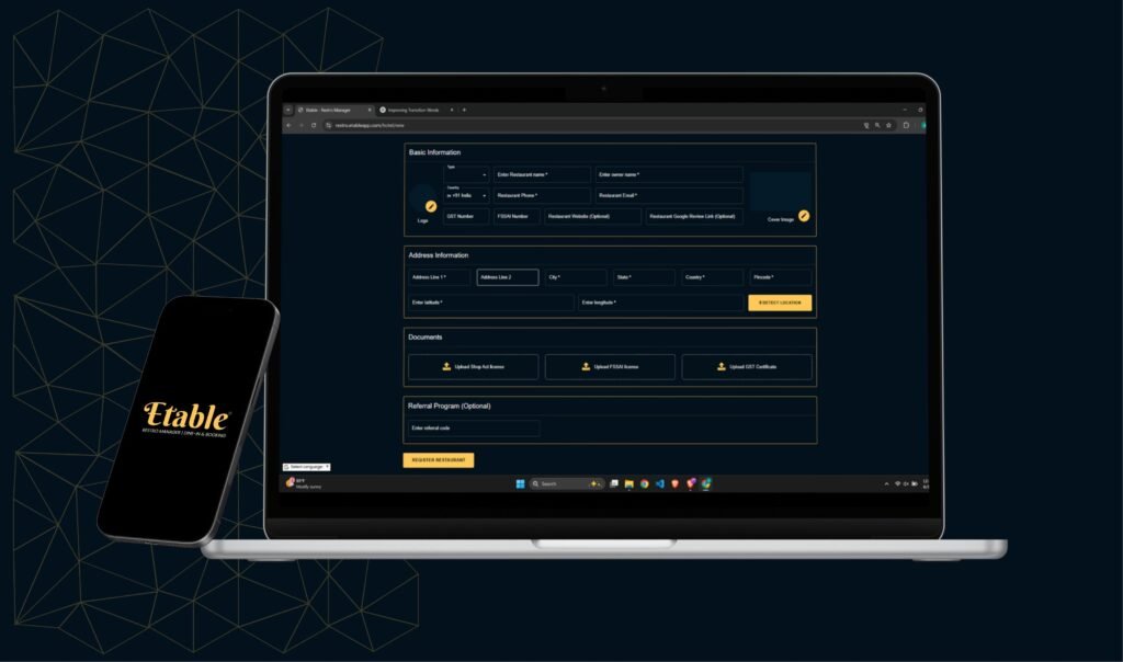 A registers Your restaurant on Etable using a tablet, filling out basic details for POS, digital menus, and QR ordering.