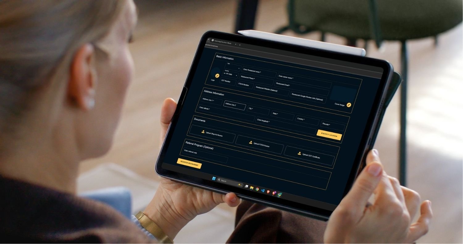 A registers Your restaurant on Etable using a tablet, filling out basic details for POS, digital menus, and QR ordering.