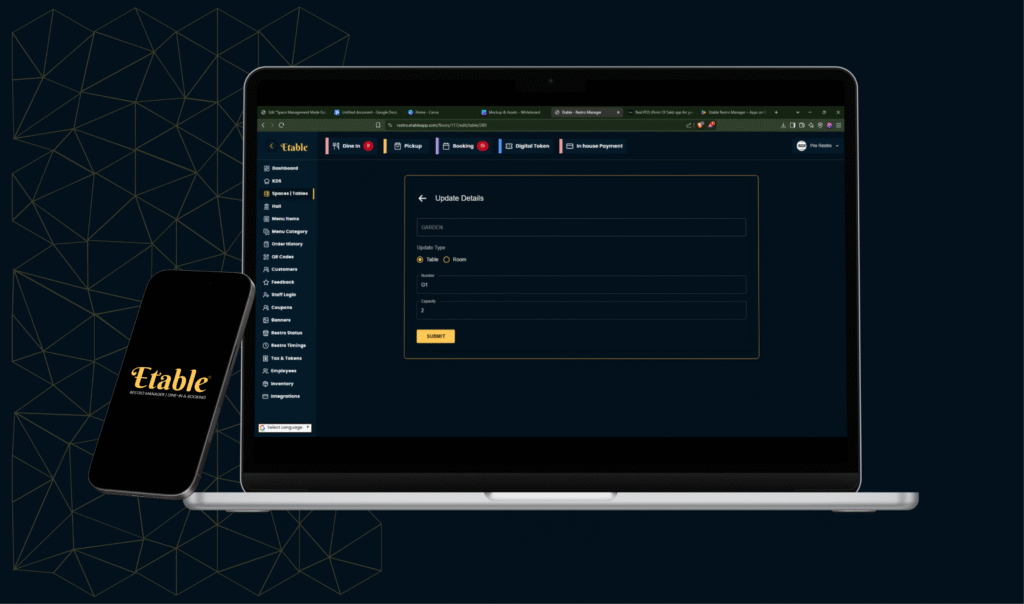 Space management dashboard showing restaurant spaces with table count, tax rate, and edit options