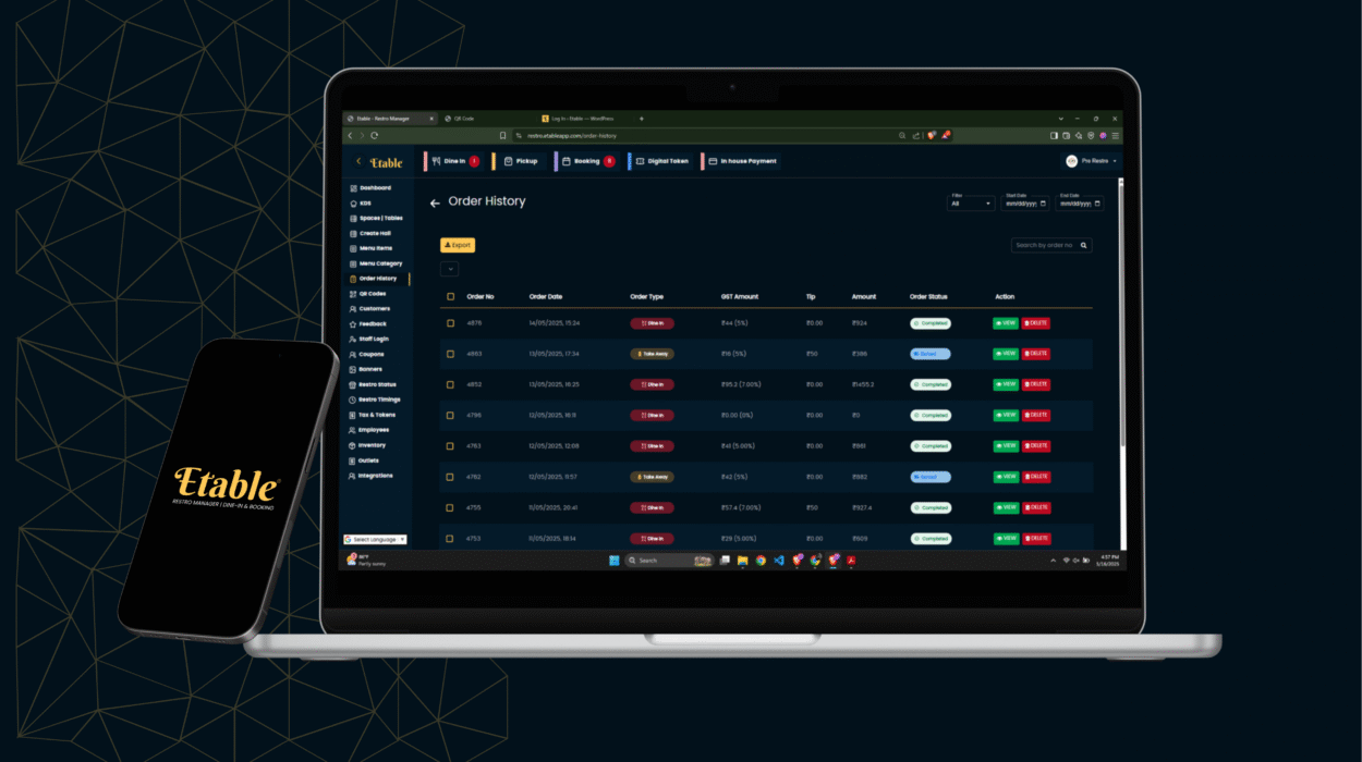 Etable Order History dashboard with filters, bill actions, and export options