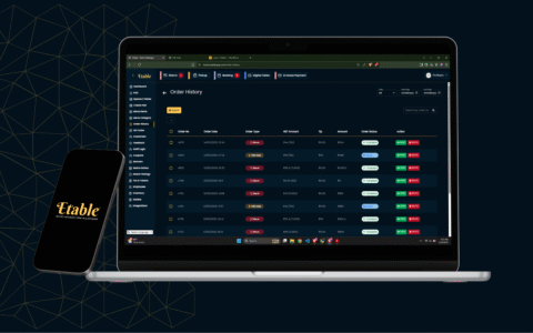 Etable Order History dashboard with filters, bill actions, and export options