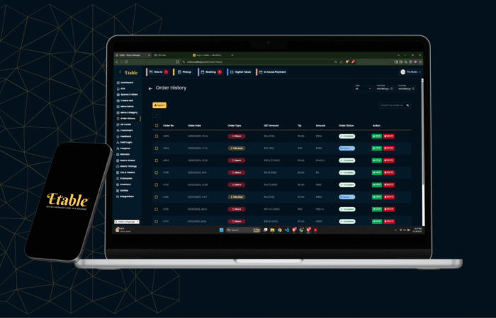 Etable Order History dashboard with filters, bill actions, and export options