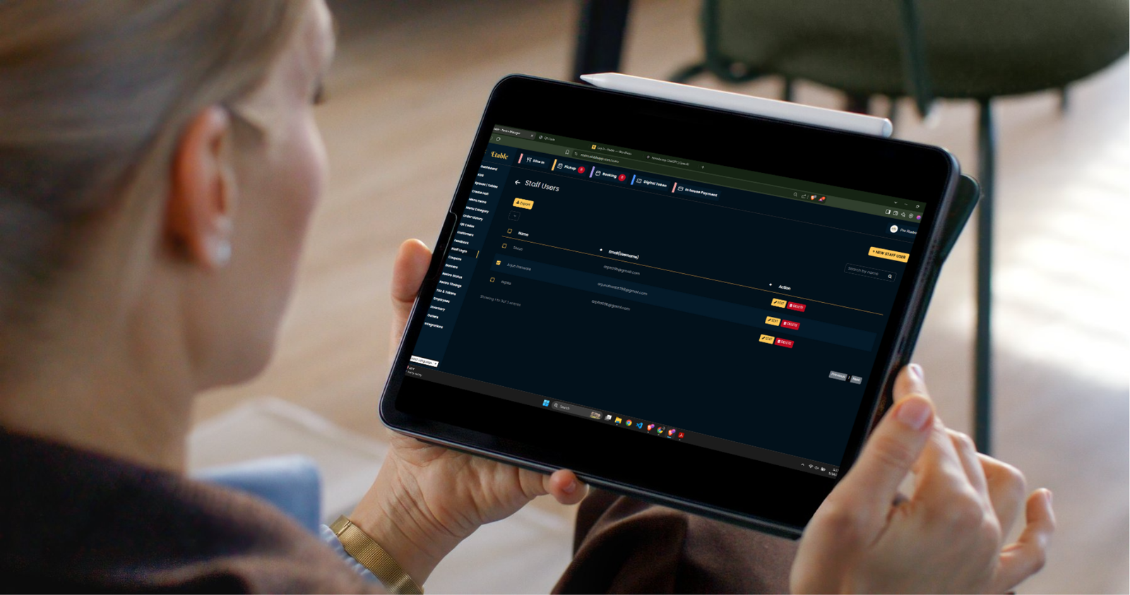 Space management dashboard showing restaurant spaces with table count, tax rate, and edit options
