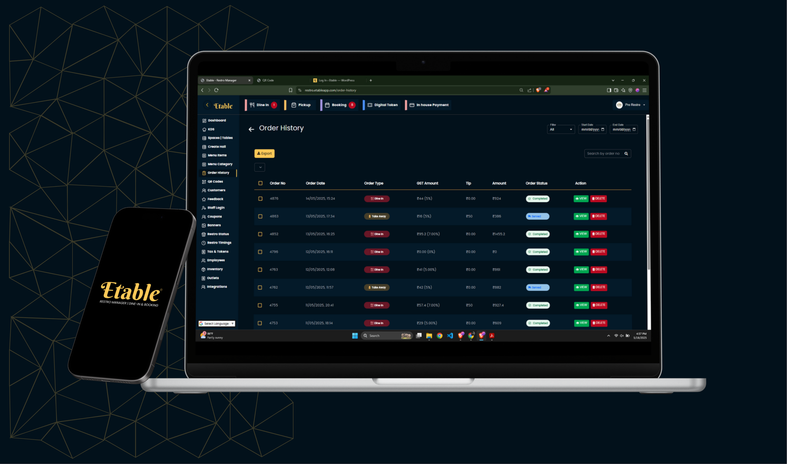 Etable Order History dashboard with filters, bill actions, and export options